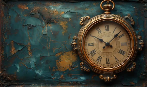 Clock on a vintage background with space for text. Selective focus.