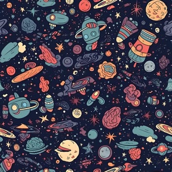 Patterns and banners backgrounds: Seamless space pattern with planets, stars, comets and rockets. Hand drawn vector illustration