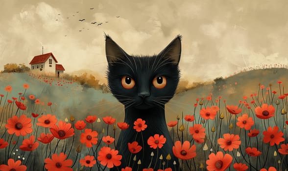 Illustration of a cat in flowers on a light background. Selective focus.