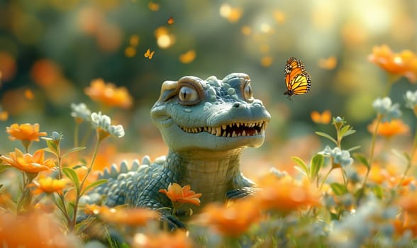 Children's illustration, a crocodile catches butterflies. Selective soft focus.