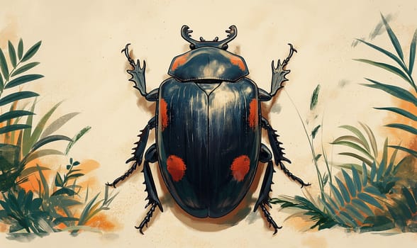 Illustration, beetle on vintage background. Selective focus.