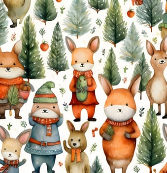 Patterns and banners backgrounds: Seamless pattern with cute cartoon foxes in warm clothes.