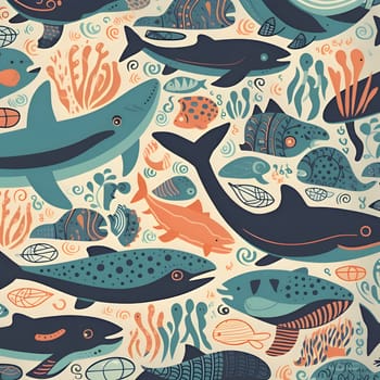 Patterns and banners backgrounds: Seamless pattern with fish and seaweed. Vector illustration.