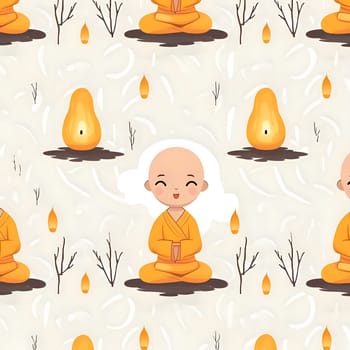 Patterns and banners backgrounds: Seamless pattern with cute cartoon buddhist monk and candles