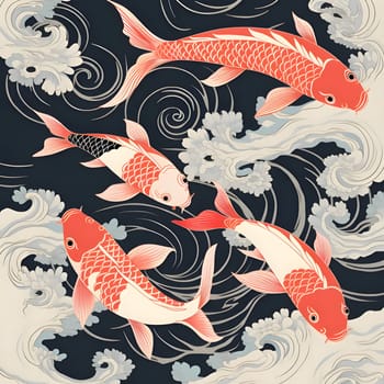 Patterns and banners backgrounds: Seamless pattern with koi fish and clouds. Vector illustration.