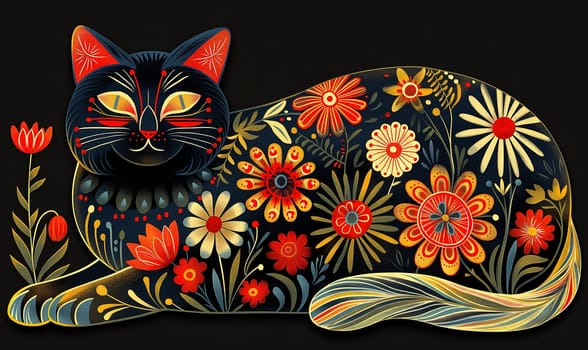 Illustration of a cat in flowers on a dark background. Selective focus.