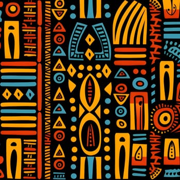 Patterns and banners backgrounds: Seamless vector pattern. Black and orange geometrical background with hand drawn decorative tribal elements. Print with ethnic, folk, traditional motifs. Graphic vector illustration.
