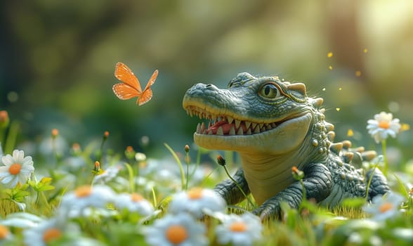 Children's illustration, a crocodile catches butterflies. Selective soft focus.