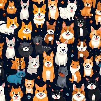 Patterns and banners backgrounds: Seamless pattern with cute cartoon dogs on dark background. Vector illustration.