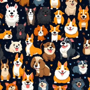 Patterns and banners backgrounds: Seamless pattern with cute cartoon dogs on dark background. Vector illustration