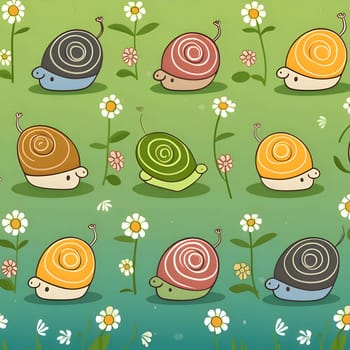 Patterns and banners backgrounds: Seamless pattern with cute cartoon snails and daisies