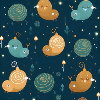 Patterns and banners backgrounds: Seamless pattern with cute cartoon snail on dark background. Vector illustration.