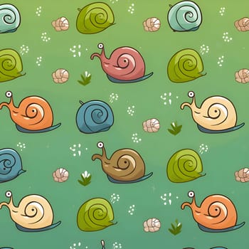 Patterns and banners backgrounds: Seamless pattern with cartoon snails on a green background.