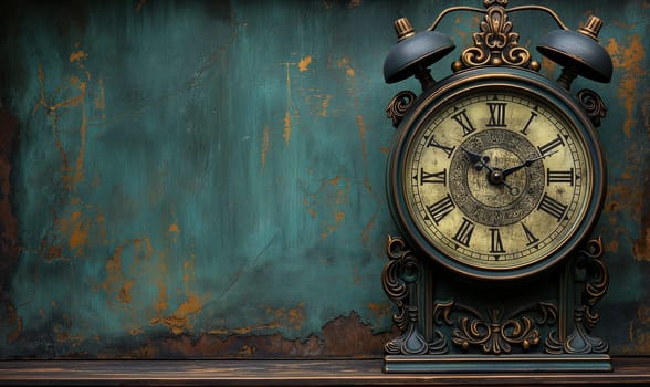 Clock on a vintage background with space for text. Selective focus.