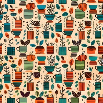 Patterns and banners backgrounds: Seamless pattern with coffee pots and plants. Vector illustration.