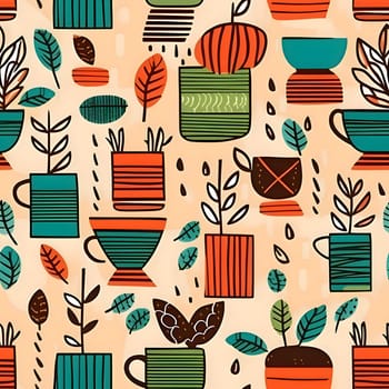 Patterns and banners backgrounds: Seamless pattern with coffee cups and plants. Vector illustration.