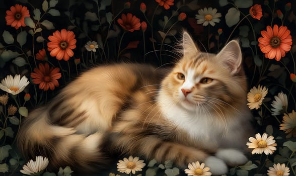 Illustration of a cat in flowers on a dark background. Selective focus.