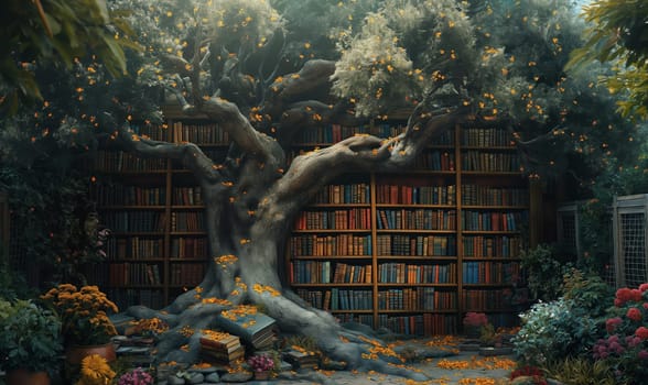 Tree with books on an abstract background. Selective focus.