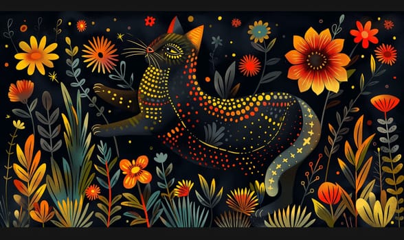 Illustration of a cat in flowers on a dark background. Selective focus.