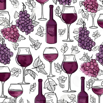 Patterns and banners backgrounds: Seamless pattern with wine bottles, glasses, grapes and leaves. Vector illustration.