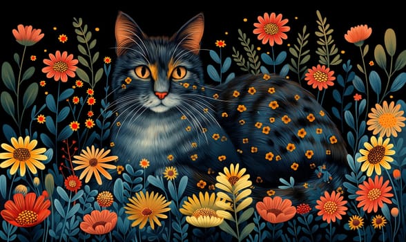 Illustration of a cat in flowers on a dark background. Selective focus.