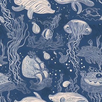 Patterns and banners backgrounds: Seamless pattern with fishes and algae. Hand drawn vector illustration.