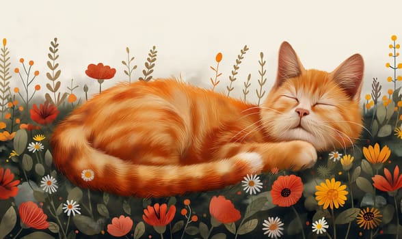 Illustration of a cat in flowers on a light background. Selective focus.