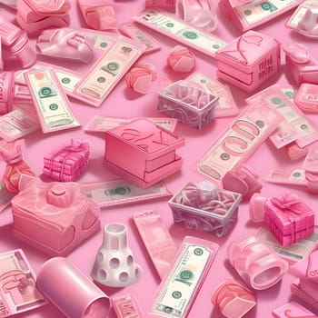 Patterns and banners backgrounds: 3d rendering of a lot of money on a pink background.