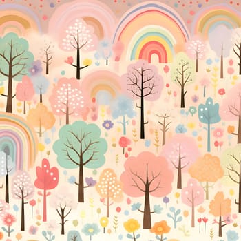 Patterns and banners backgrounds: Seamless pattern with trees and rainbow in pastel colors.