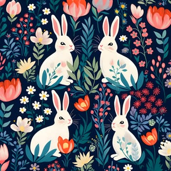 Patterns and banners backgrounds: Seamless pattern with cute bunnies and flowers. Vector illustration.