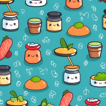 Patterns and banners backgrounds: Seamless pattern with kawaii vegetables and spices on blue background