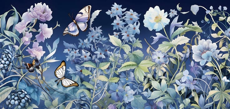 Patterns and banners backgrounds: Seamless pattern with blue flowers and butterflies. Watercolor illustration.