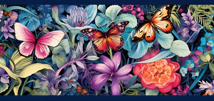 Patterns and banners backgrounds: Seamless floral border with flowers and butterflies. Vector illustration.