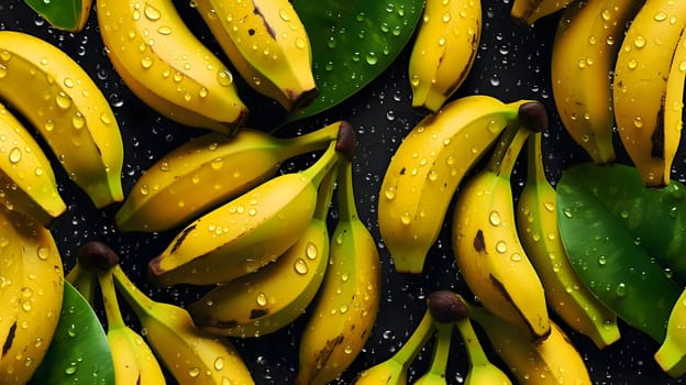 Patterns and banners backgrounds: Bunch of ripe bananas with water drops on black background. Top view.