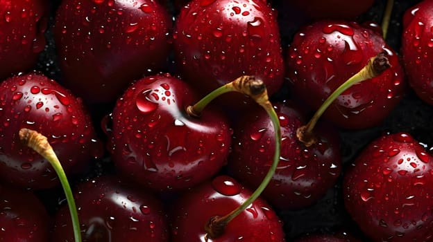 Patterns and banners backgrounds: Cherries with water drops on black background. Close up.