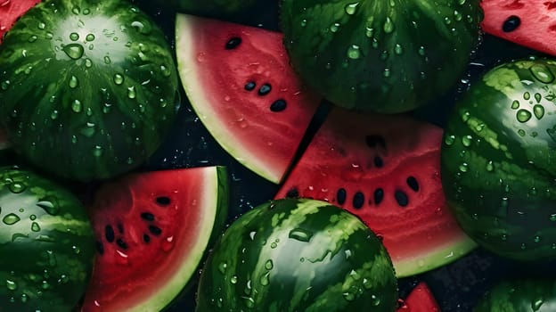 Patterns and banners backgrounds: Watermelon background. Juicy watermelon slices with water drops. Top view.