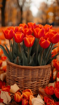 A flower arrangement featuring a flowerpot filled with vibrant orange tulips surrounded by green leaves, showcasing the beauty of this flowering plant