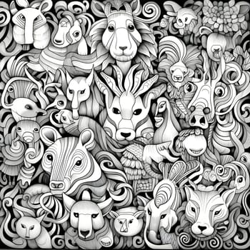 Patterns and banners backgrounds: Cartoon hand-drawn doodles on the subject of animals theme. Monochrome detailed, with lots of objects vector background