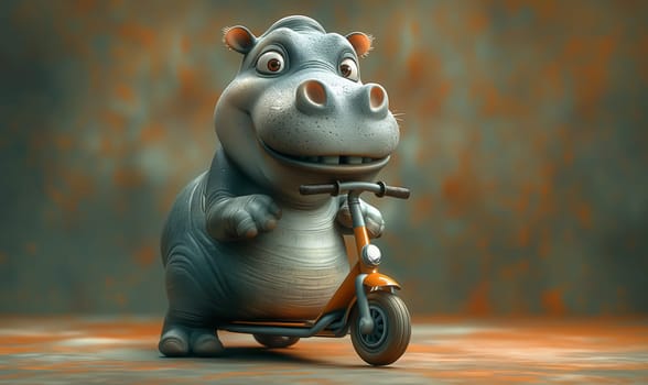 Cartoon hippopotamus on a scooter on a blurred background. Selective focus.