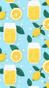 Patterns and banners backgrounds: Seamless pattern with lemon jam in jar and lemons on blue background.