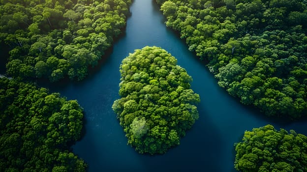 A stunning aerial view of a river winding its way through a vibrant green forest, showcasing the beauty of nature and fluvial landforms