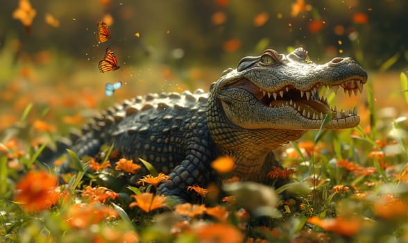 Children's illustration, a crocodile catches butterflies. Selective soft focus.