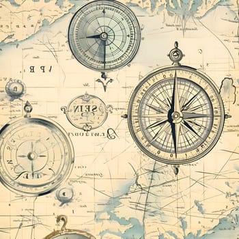 Patterns and banners backgrounds: Compass on old map background. Vintage style toned picture.