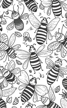 Patterns and banners backgrounds: Seamless pattern with bees. Black and white vector illustration.