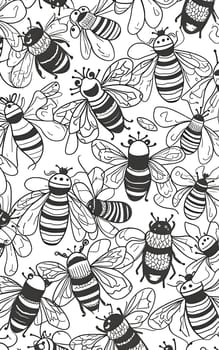 Patterns and banners backgrounds: Seamless pattern with bees. Black and white vector illustration.