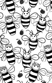 Patterns and banners backgrounds: Seamless pattern with cute bees. Vector illustration. Black and white.