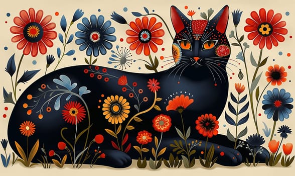 Illustration of a cat in flowers on a light background. Selective focus.