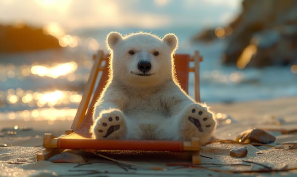 Children's illustration, a polar bear sunbathing on a sunbed. Selective soft focus.