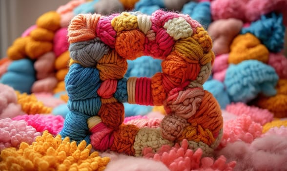 Knitted colored letter B on an abstract background. Selective focus.