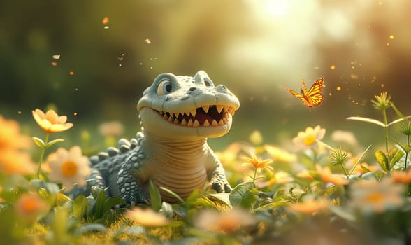 Children's illustration, a crocodile catches butterflies. Selective soft focus.